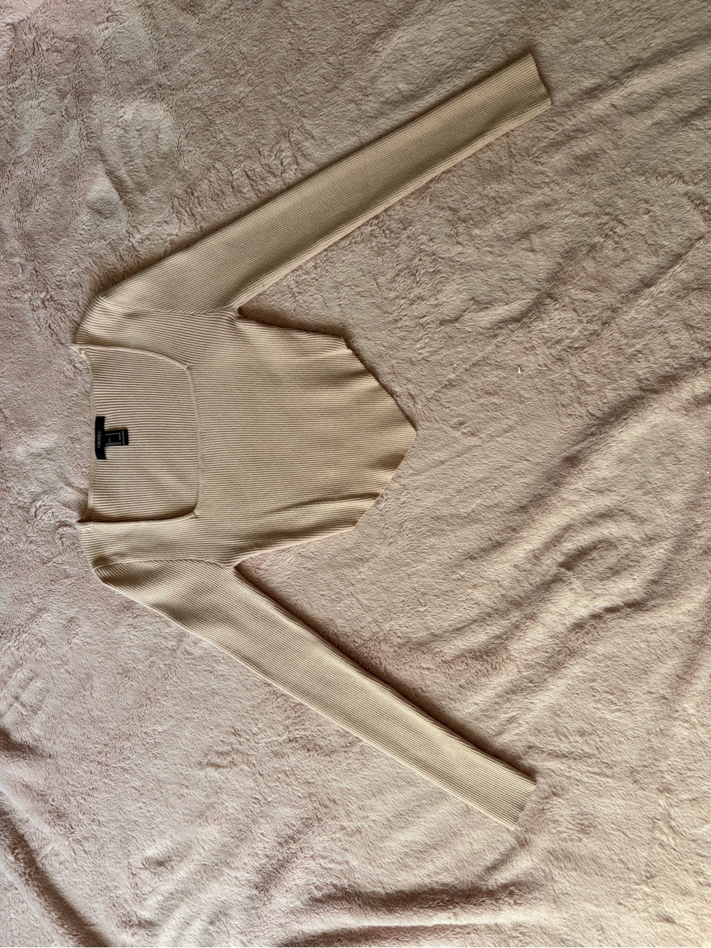 Ribbed Square-Neck Long Sleeve Top - Creamy pink